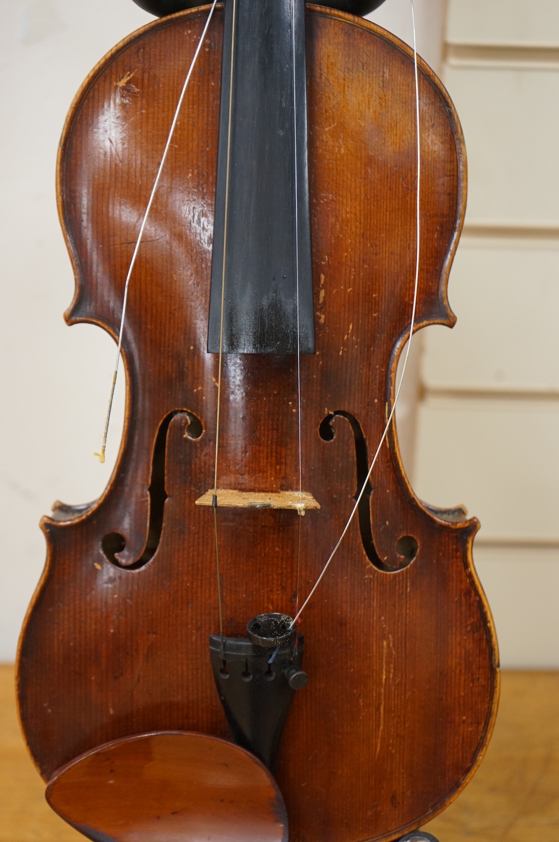 An 18th century violin after Klotz school, 36cm body, with a well cut scroll and an Hill reference number (1191) to the bottom end of the fingerboard, in a Rushworth and Draper case.
